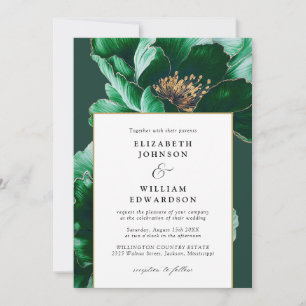 Invitation Moderne Emerald Green Gold Floral QR Code Mariage