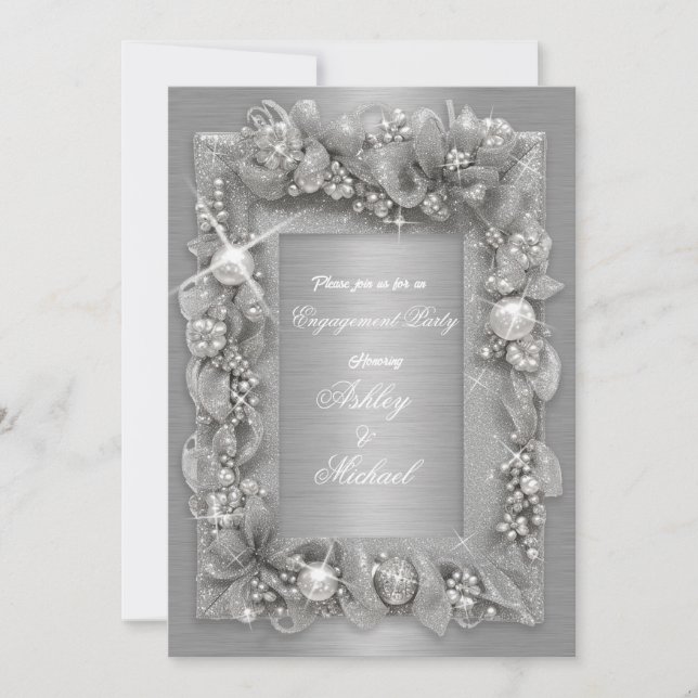 Invitation moderne engagement chic en feuille d'argent perle (Devant)