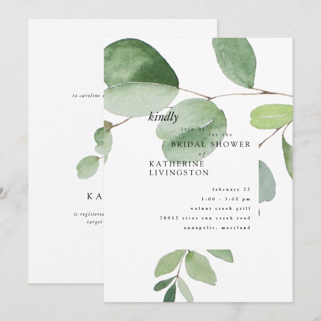 Invitation moderne Eucalyptus nuptiale douche (Devant / Derrière)