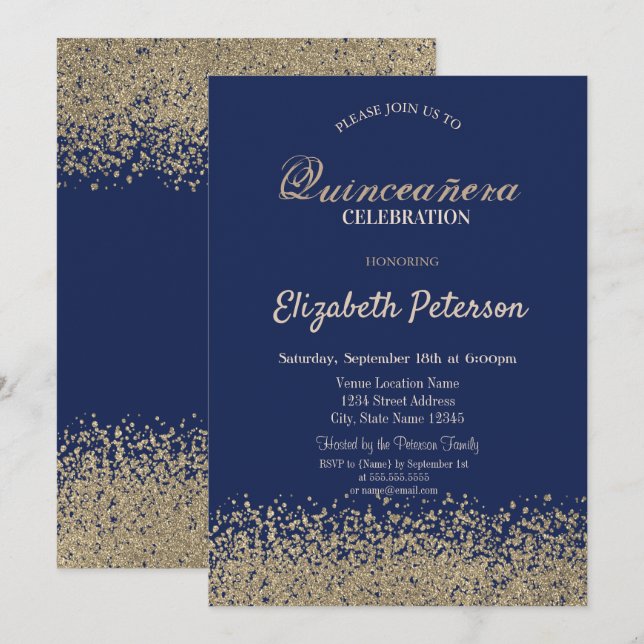Invitation Moderne Faux Gold Diamonds Quinceañera (Devant / Derrière)