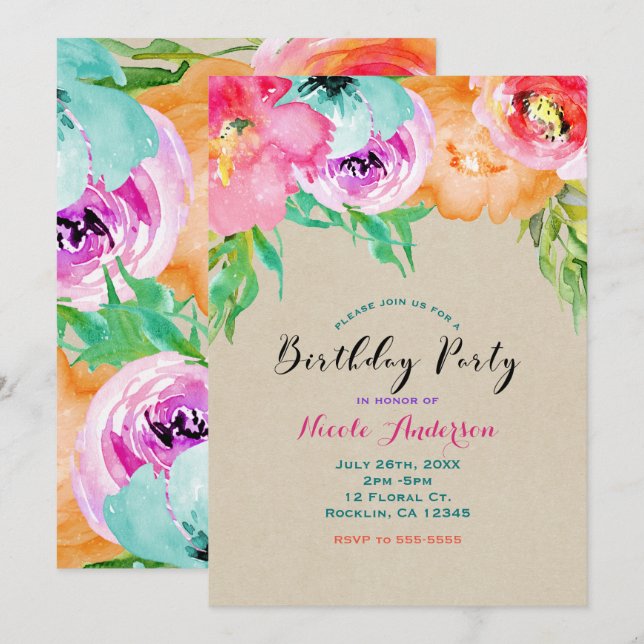 Invitation Moderne Fête d'Anniversaire Florale Marron Kraft L (Devant / Derrière)