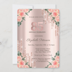 Invitation Moderne Fleurs de Glitter Drips Or Rose 85ème