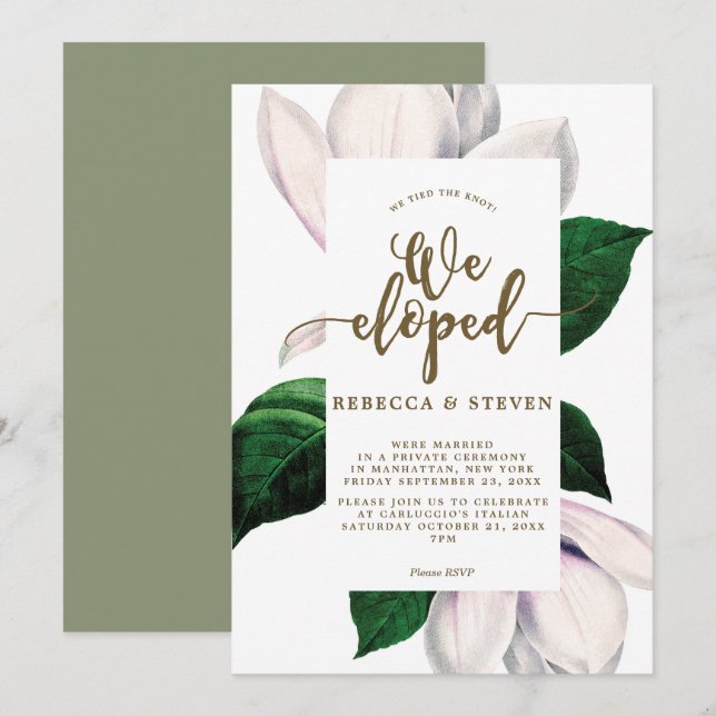 Invitation moderne floral de magnolia nous nous sommes enfuis (Devant / Derrière)