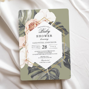 Invitation Moderne Floral Khaki Feuilles tropicaux & orchidée
