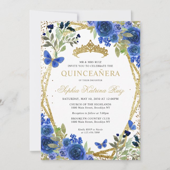 Invitation Moderne Floral Marine Bleu Or Tiara Quinceañera (Devant)