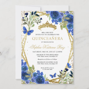 Invitation Moderne Floral Marine Bleu Or Tiara Quinceañera