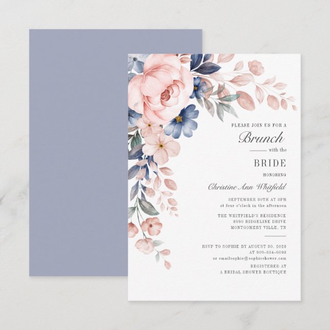 Invitation Moderne Floral Rose Bleu Fleurs Brunch nuptial (Devant / Derrière)