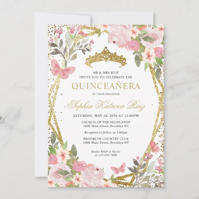 Invitation Moderne Floral rose rose or Tiara Quinceañera (Devant)