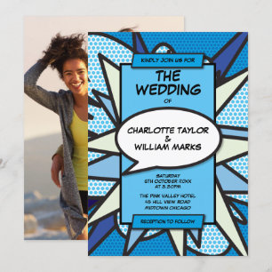 Invitation Moderne Fun Blue Comic Book Mariage photo