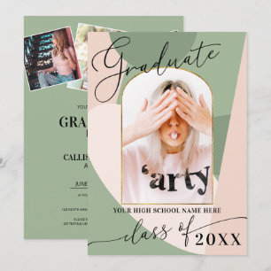 Invitation Moderne Geo Sage Vert Dusty Rose Photo Graduation