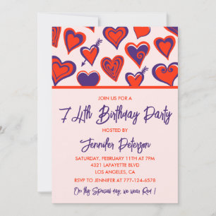 Invitation Moderne Glamour Rouge Coeurs Violets 74e anniversa