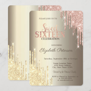 Invitation Moderne Glitter Drips Champagne Or Douce 16
