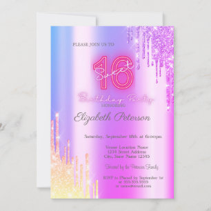 Invitation Moderne Glitter Ombre Violet Gouttes Néon Sweet 16