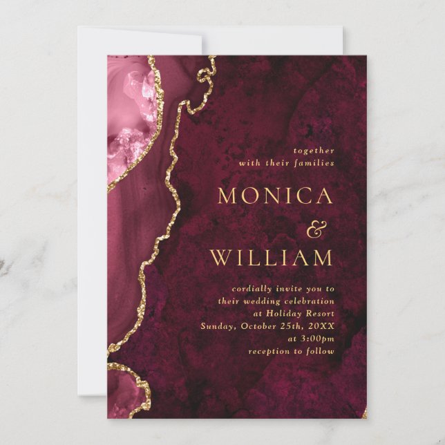 Invitation Moderne Golden Burgundy Marble Agate Mariage (Devant)