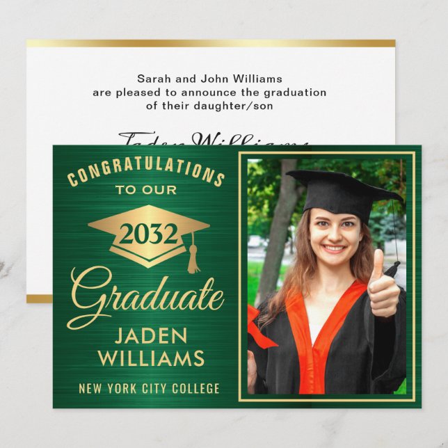 Invitation Moderne Golden Green PHOTO Graduation (Devant / Derrière)