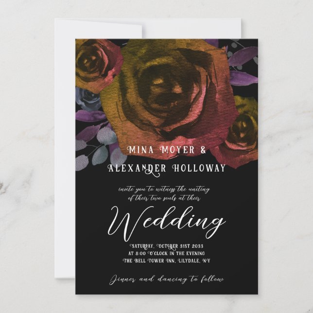 Invitation Moderne Goth Dark Watercolor Rose Mariage (Devant)