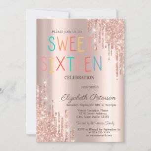 Invitation Moderne Gouttes de Paillettes Rose Doré Colorées S