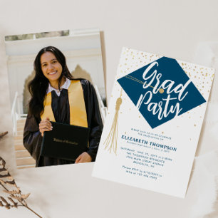 Invitation Moderne GRAD Casquette Bleu Gold Photo Party