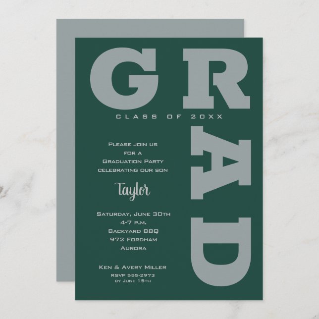 Invitation Moderne GRAD Vert foncé Gris gris (Devant / Derrière)