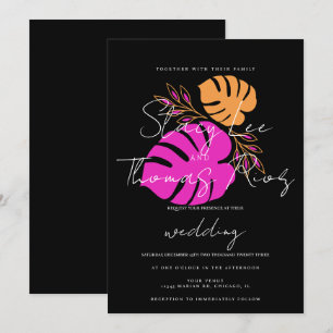 Invitation Moderne Gras brillant Tropical Rose Orange Mariage