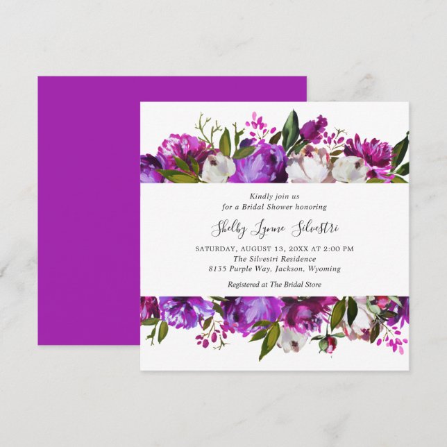 Invitation Moderne Gras Floral Bright Purple Fête des mariées (Devant / Derrière)
