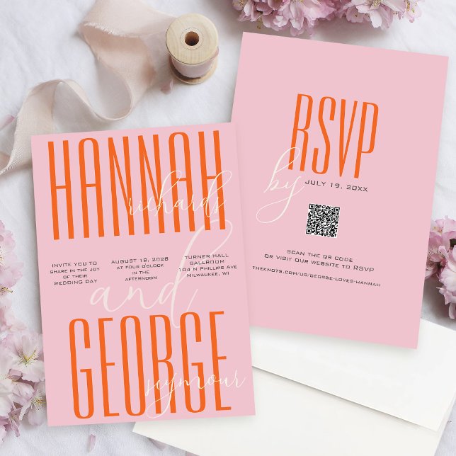 Invitation Moderne Gras Rose et Orange QR Code Mariage unique (Modern Bold Pink and Orange Colorful Typography unique all-in-one QR code rsvp wedding invitation)