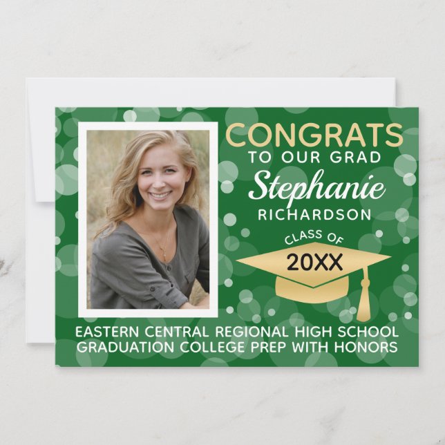Invitation Moderne Green Gold Bokeh Bubbles Photo Graduation (Devant)