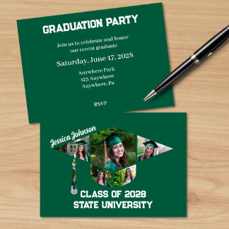 Invitation Moderne Green Graduation Forme Photo Collage Party