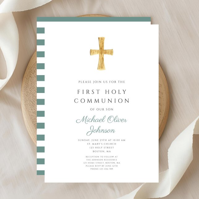 Invitation Moderne Green Stripes Cross Boy First Communion (Modern Green Stripes Cross Boy First Communion Invitation)
