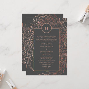Invitation Moderne Gris Fer Ore Rose Or Monogramme Wreath