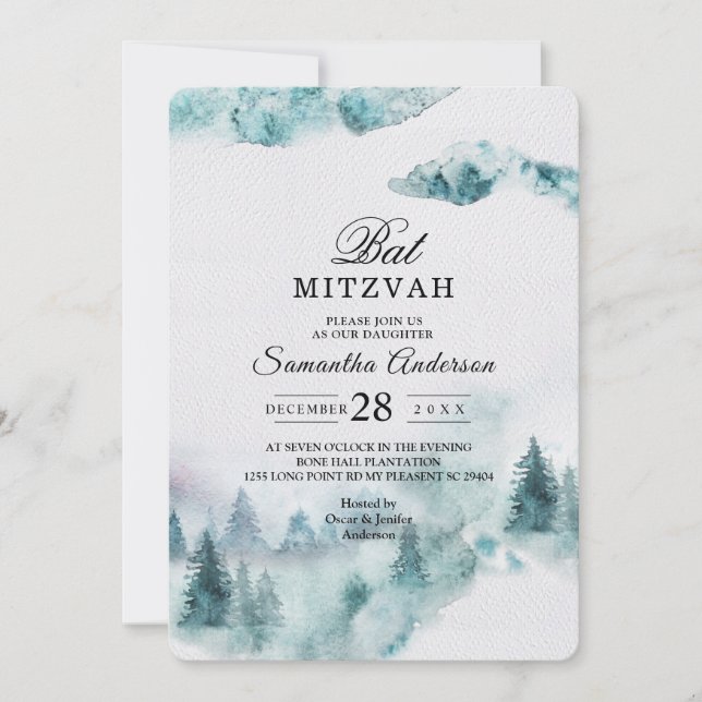 Invitation moderne hiver simple vert et blanc arbr (Devant)