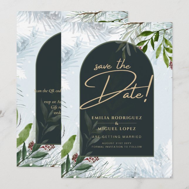 Invitation Moderne hiver verdure Mariage or Enregistrer Date (Devant / Derrière)