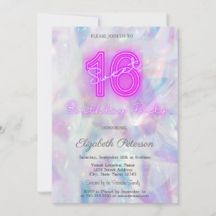 Invitation Moderne Holographique Néon Sweet 16