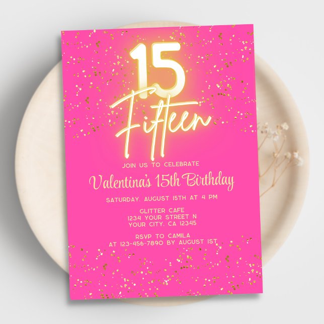 Invitation Moderne Hot rose Neon brillant or Parties scintill (Créateur téléchargé)