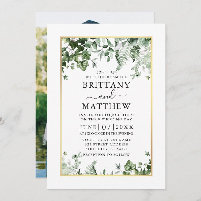 Invitation Moderne Ivy Sage Greenery Photo Gold Mariage (Devant / Derrière)