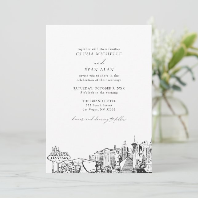 Invitation Moderne Las Vegas Skyline Mariage noir et blanc (Debout devant)