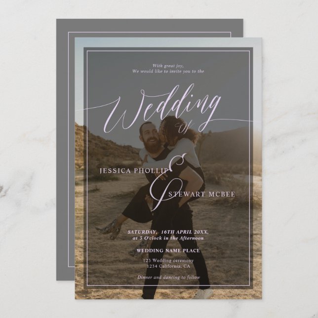 Invitation Moderne lavender periwinkle script mariage 2 photo (Devant / Derrière)