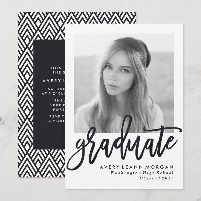 Invitation Moderne Luxe Black Script Graduation Party (Devant / Derrière)
