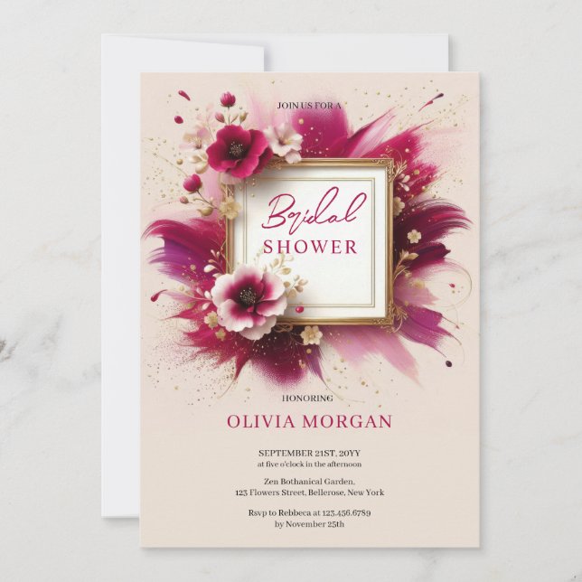 Invitation Moderne magenta fleurs roses cadre or Bride (Devant)