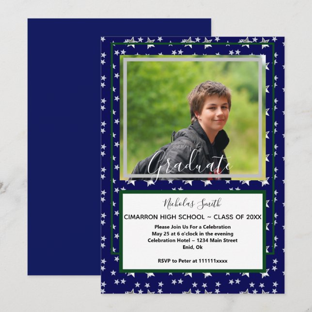 INVITATION MODERNE MALE GRAD STARS BLEU | FÊTE DE DIPLÔME (Devant / Derrière)