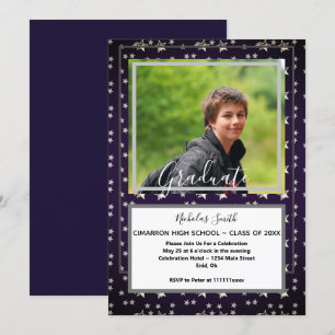 INVITATION MODERNE MALE GRAD STARS BLEU   FÊTE DE DIPLÔME
