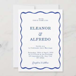 Invitation Moderne Mariage Bleu Ondulé | Minimaliste Rétro