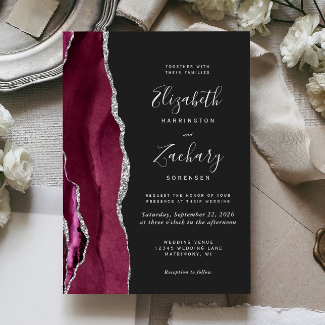 Invitation Moderne Mariage Burgundy Argent Agate Sombre (Créateur téléchargé)