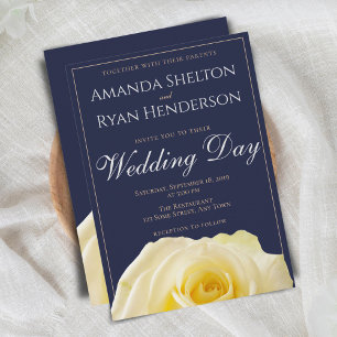 Invitation Moderne Mariage Floral Rose Jaune Bleu Minuit