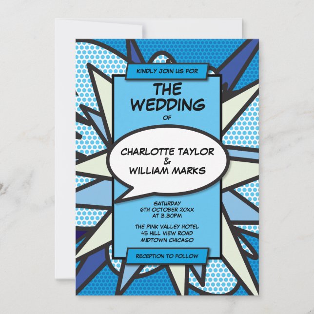 Invitation Moderne Mariage Fun Designer Blue Comic Book (Devant)