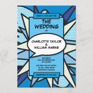 Invitation Moderne Mariage Fun Designer Blue Comic Book