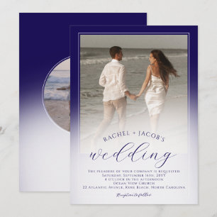 Invitation Moderne mariage ombré bleu foncé 2-photos
