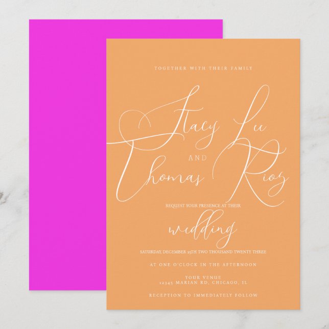 Invitation Moderne Mariage Orange Rose Clair Joli Script (Devant / Derrière)