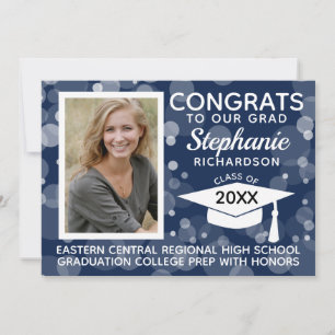 Invitation Moderne Marine Blue Bokeh Bubbles Photo Graduation