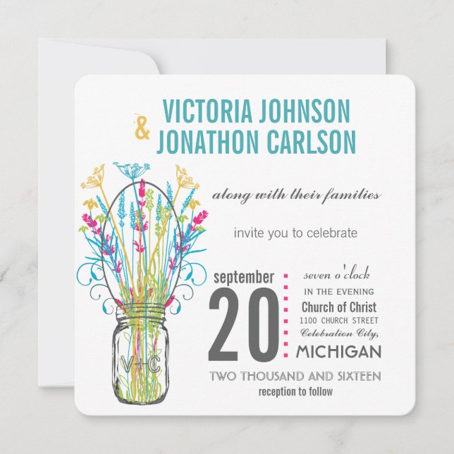 Invitation Moderne Mason Jar Aqua Lime jaune rose Floral (Devant)